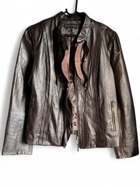 Couture Pamela MCcoy Fabulous Furs Dark Brown Faux Leather Ruffle-Front Jacket